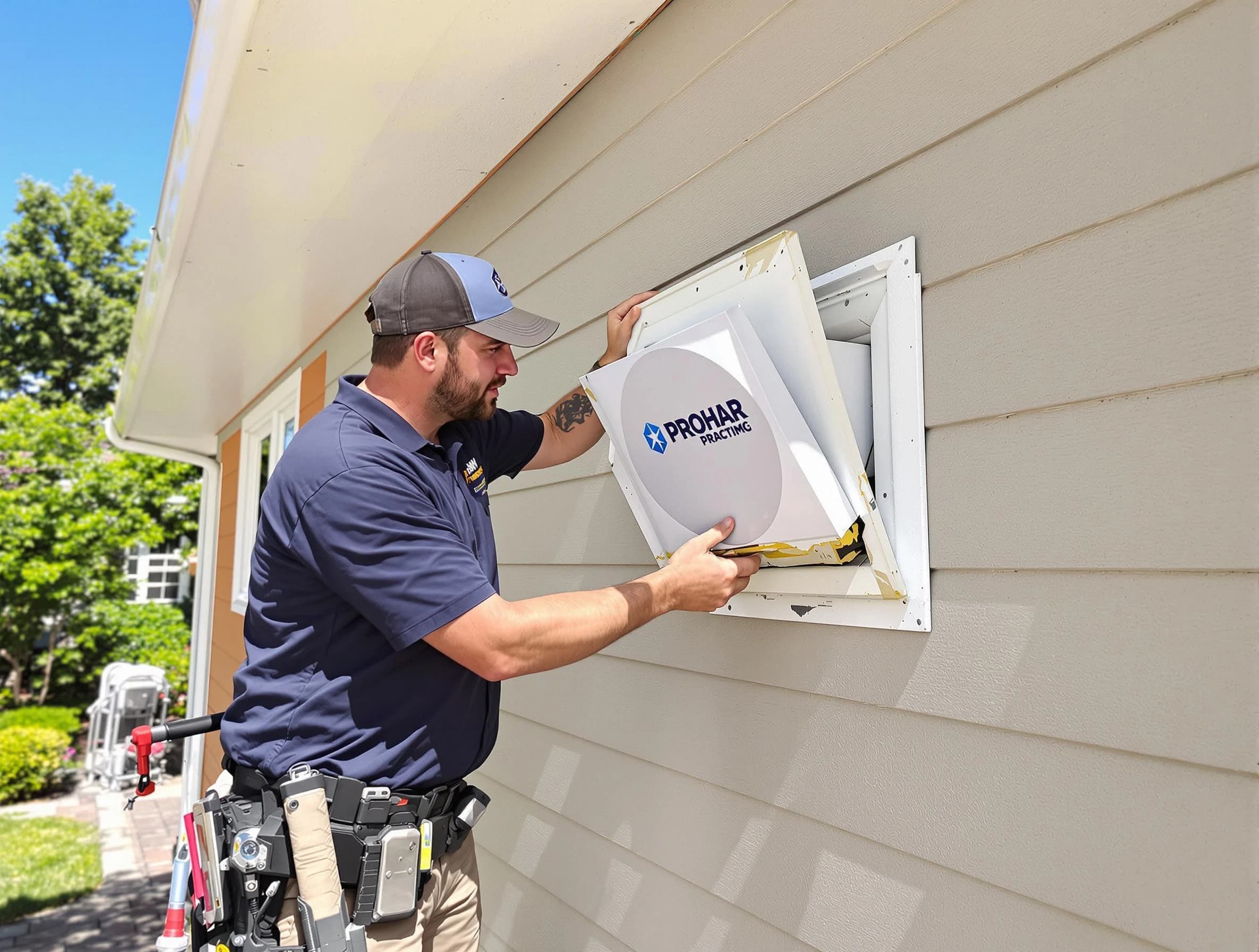 Eagle Mountain Dryer Vent Cleaning technician installing a new protective dryer vent cover on a home in Eagle Mountain
