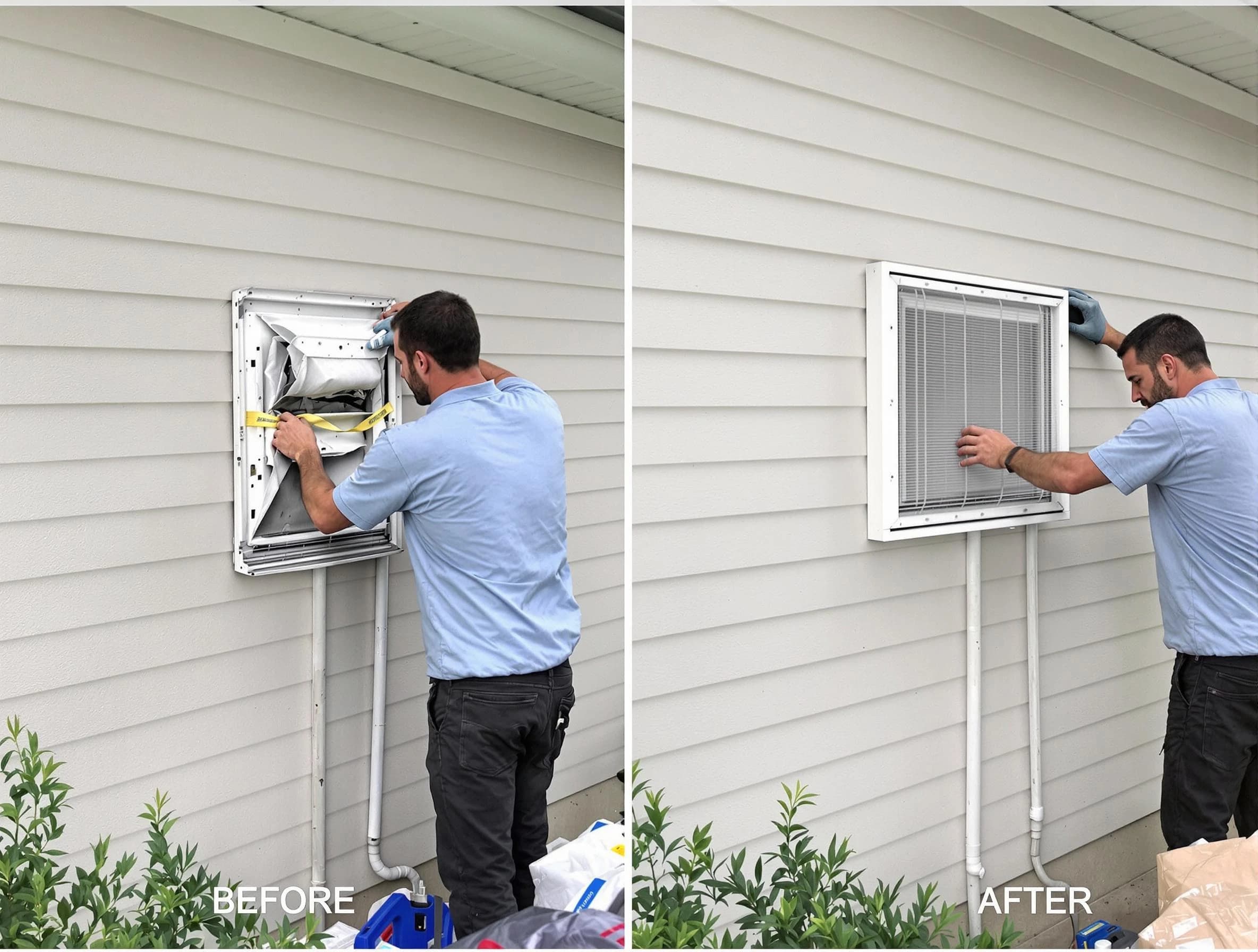 Eagle Mountain Dryer Vent Cleaning technician installing high-quality dryer vent cover at a residential property in Eagle Mountain