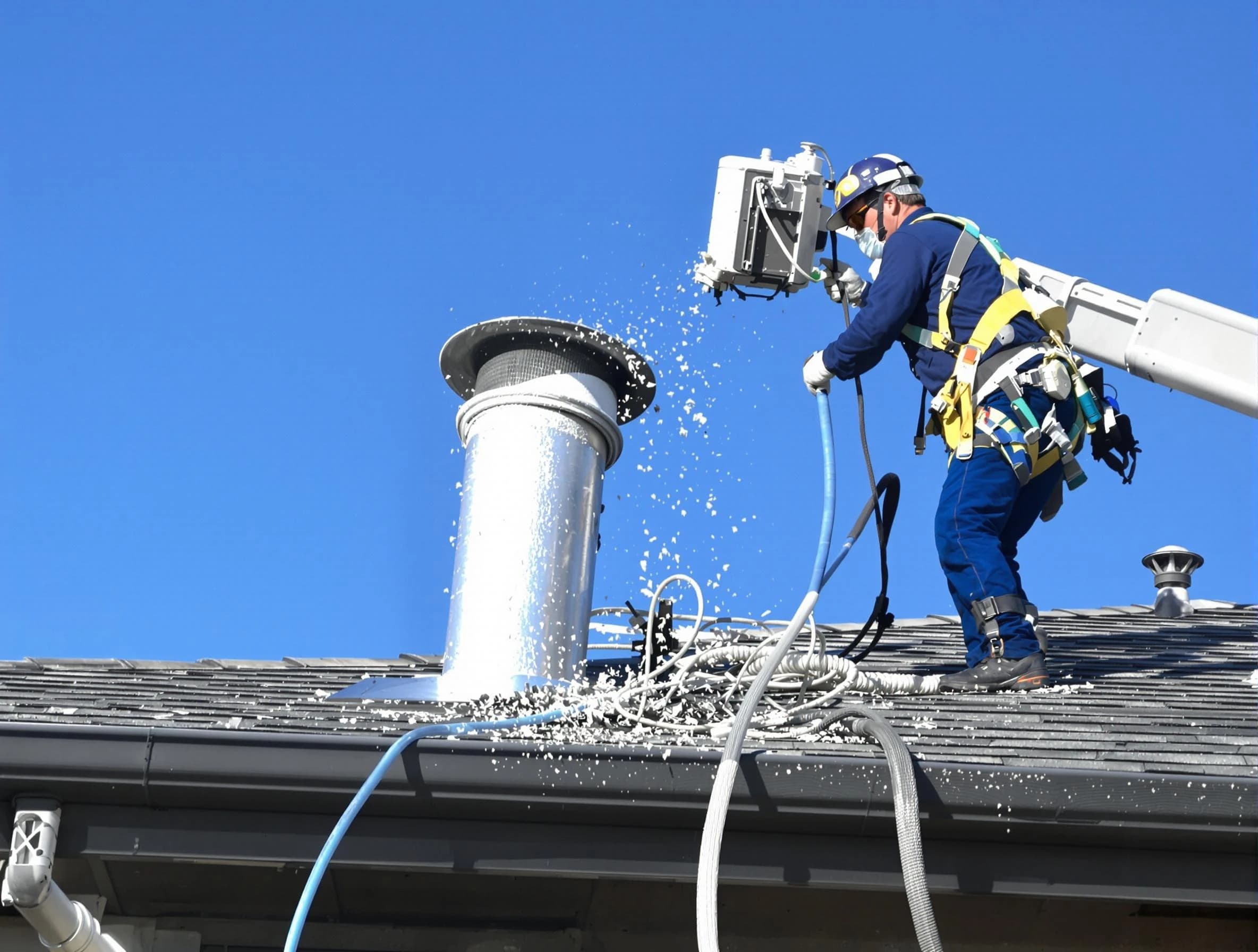 Eagle Mountain Dryer Vent Cleaning certified technician safely cleaning a roof-mounted dryer vent in Eagle Mountain