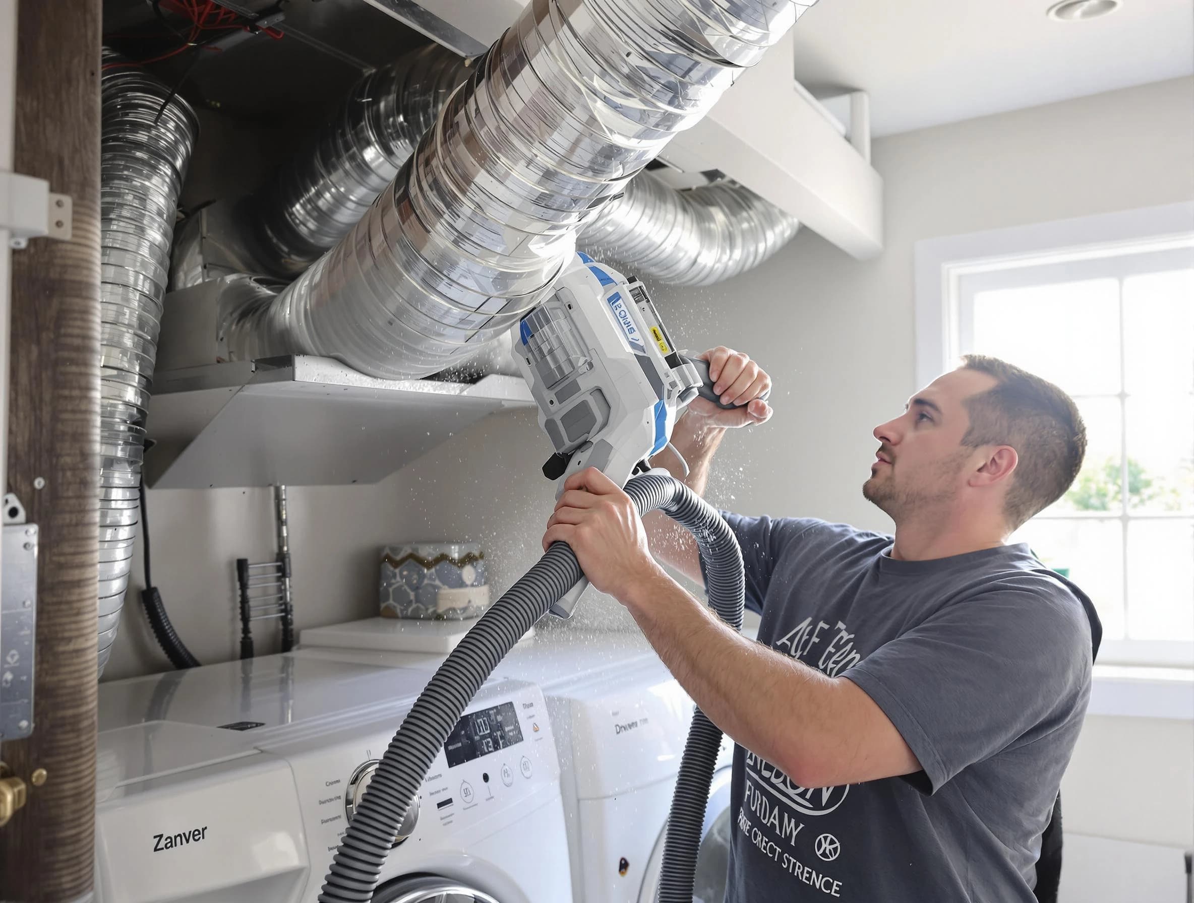 Eagle Mountain Dryer Vent Cleaning specialist cleaning deep within a dryer vent duct system in Eagle Mountain
