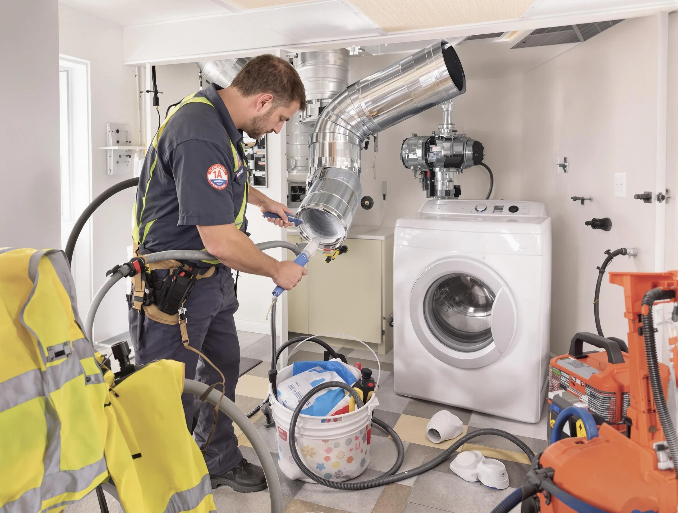 Eagle Mountain Dryer Vent Cleaning technician using specialized equipment to clear severe dryer vent blockage in Eagle Mountain